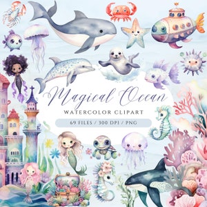 Pastel sous la mer Clipart, clipart sirène, clipart créatures marines, animaux marins mignons PNG, tortue, méduse, hippocampe, sirène lunatique