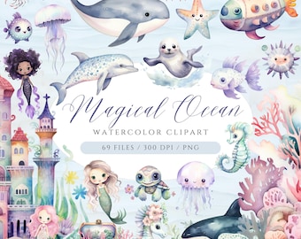 Pastel Under the Sea Clipart, Mermaid Clipart, Sea Creatures Clipart,Cute Sea Animals PNG, Turtle, Jellyfish, Seahorse, Whimsical Mermaid