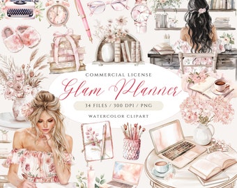 Glam Planner Clipart, Boho Chic Planner Girl Clipart Bundle, Blush Journaling Clipart, Planificador PNG, Scrapbooking Clipart, Bookworm Clipart