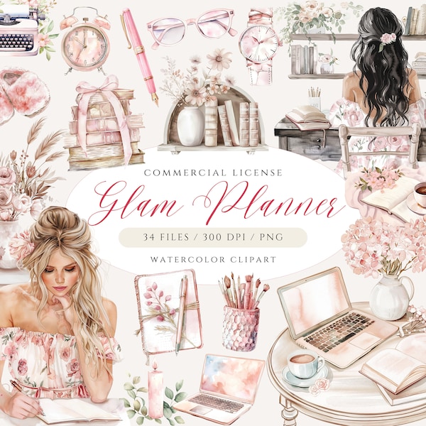 Glam Planner Clipart, Boho Chic Planner Girl Clipart Bundle, Blush Journaling Clipart, Planner PNG, Scrapbooking Clipart, Bookworm Clipart