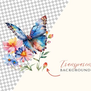 May include: Watercolor illustration of a blue butterfly with orange and red accents, positioned above a cluster of colorful flowers. The flowers include pink, yellow, and blue blooms with green leaves. The text "Transparent Background" is in red.