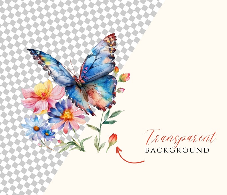 May include: Watercolor illustration of a blue butterfly with orange and red accents, positioned above a cluster of colorful flowers. The flowers include pink, yellow, and blue blooms with green leaves. The text "Transparent Background" is in red.