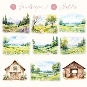 May include: A set of watercolor illustrations featuring 7 landscapes and 2 stables. The landscapes depict rolling hills, green fields, and blue skies. The stables are wooden structures with open doors and windows.