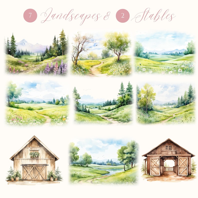 May include: A set of watercolor illustrations featuring 7 landscapes and 2 stables. The landscapes depict rolling hills, green fields, and blue skies. The stables are wooden structures with open doors and windows.
