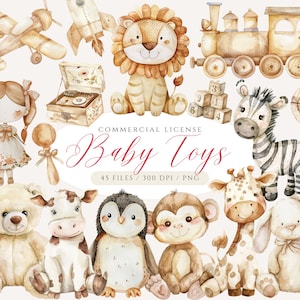 Imágenes Prediseñadas de juguetes de bebé boho, Paquete de imágenes prediseñadas de ducha de bebé de juguete neutro, Juguetes de madera, Imágenes prediseñadas de animales de peluche, Coche, Tren, Animales de Safari, PNG de bosque
