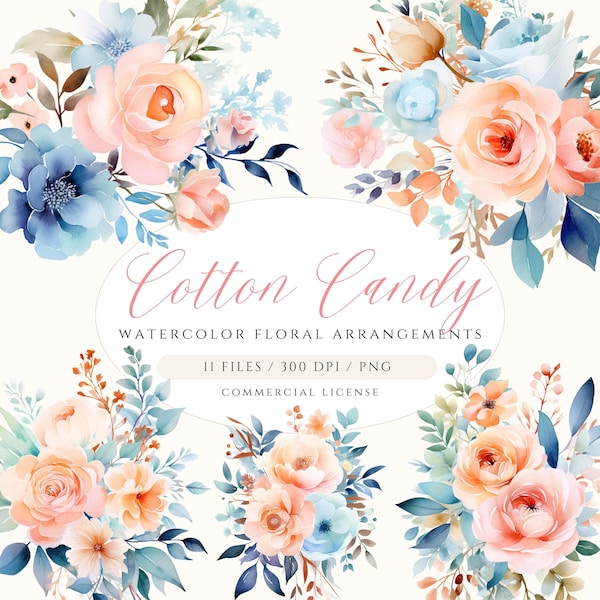 Dusty Blue Floral Clipart Peach Flowers Clipart Blue and Peach Flowers Dusty Blue Flowers PNG Spring Florals Watercolor Flower Clipart