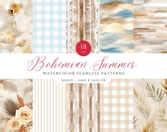Neutral Boho Watercolor Seamless Patterns: Beige Tileable Backgrounds (Digital Download)