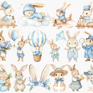Pu&ograve; includere: Illustrazioni ad acquerello di coniglietti carini in varie pose e ambientazioni. I coniglietti indossano abiti e accessori blu e bianchi, e alcuni tengono oggetti come palloncini, fiori e una lente d'ingrandimento. Le illustrazioni sono perfette per una cameretta o una nursery.