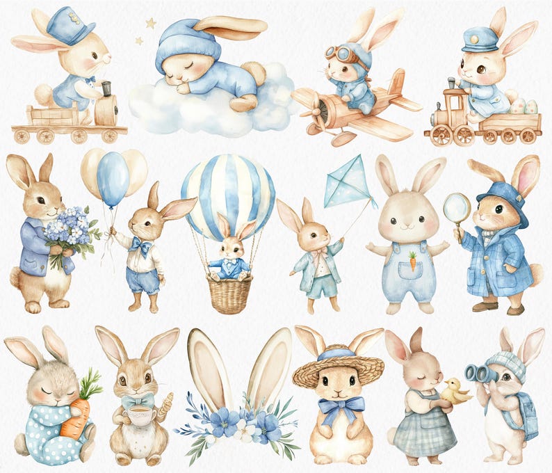 Pu&ograve; includere: Illustrazioni ad acquerello di coniglietti carini in varie pose e ambientazioni. I coniglietti indossano abiti e accessori blu e bianchi, e alcuni tengono oggetti come palloncini, fiori e una lente d'ingrandimento. Le illustrazioni sono perfette per una cameretta o una nursery.