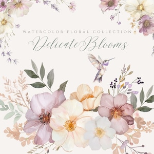 Aquarell Wildblumen Clipart, zarte Blumen, Pastell Wildblumen PNG, Kolibri Clipart, Schmetterling, Wildblumen Borte Blumenkranz