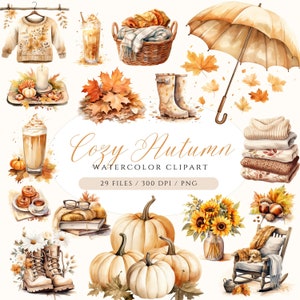 Paquete de imágenes prediseñadas de otoño acogedor, imágenes prediseñadas de otoño en acuarela, paquete de imágenes prediseñadas de otoño cálido, imágenes prediseñadas de paraguas de suéter, flores de otoño, imágenes prediseñadas de calabaza
