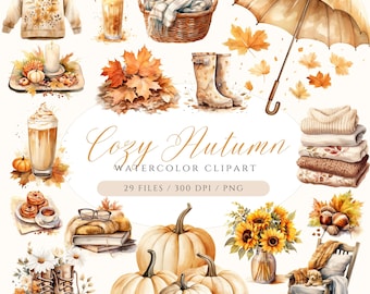 Bundle de cliparts automne douillet, clipart automne aquarelle, ensemble de cliparts automne chaud, clipart parapluie pull, fleurs d'automne, clipart citrouille