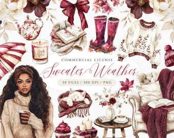 Burgundy Sweater Weather Clipart: Autumn Fall PNG (Digital Download)
