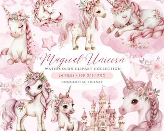 Może przedstawiać: Kolekcja clipartów akwarelowych z wieloma ilustracjami jednorożców z różowymi grzywami, kwiatowymi koronami i zamkiem. Tekst "Magical Unicorn" jest wyświetlany elegancką czcionką. Kolekcja zawiera 24 pliki w rozdzielczości 300 DPI w formacie PNG.