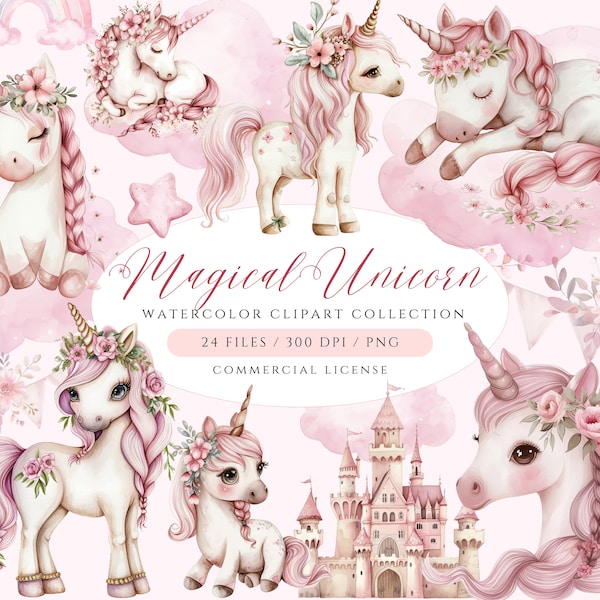 Clipart Licorne rose, PNG mignon de licorne, lot de cliparts licorne arc-en-ciel, licornes aquarelles, clipart château, licorne blush, licorne florale