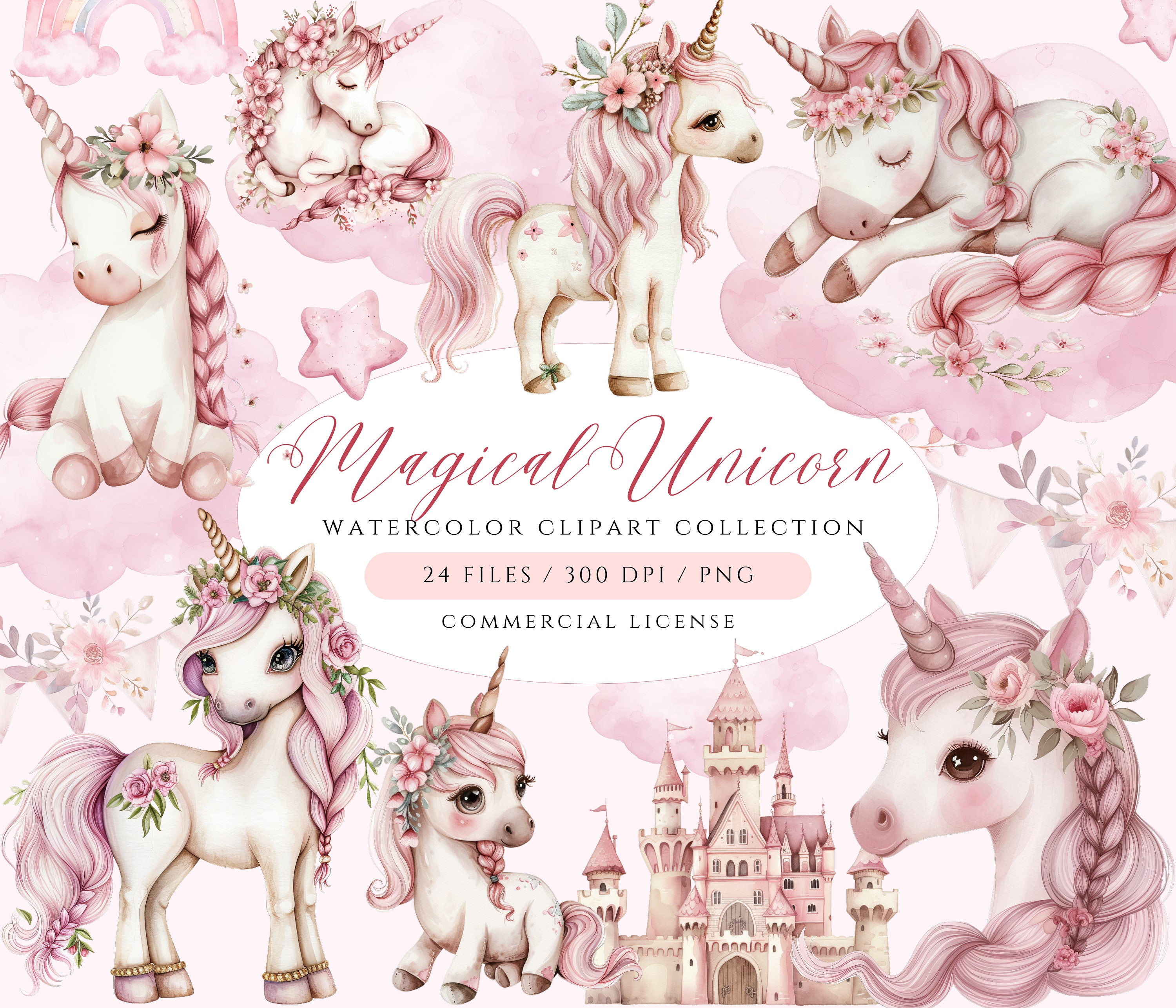 Pink Unicorn Clipart Set: Watercolor Rainbow Unicorns, Castle (PNG ...
