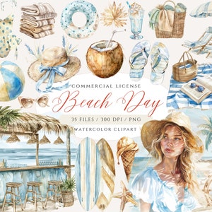 Watercolor Summer Clipart Bundle, Ocean Lover, Beach Holiday Clipart, Beach PNG, Boho Summer, Boho Beach Clipart, Travel Clipart, Beach Day