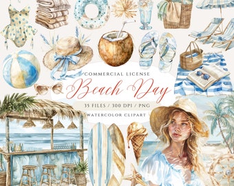 Bundle de cliparts plage aquarelle : images PNG Boho Summer (téléchargement numérique)
