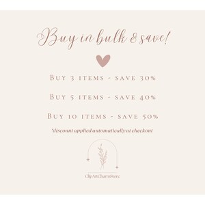 May include: A cream-colored graphic with text that reads "Buy in bulk & save!" with a pink heart. It offers discounts: Buy 3 items - save 30%, Buy 5 items - save 40%, Buy 10 items - save 50%.