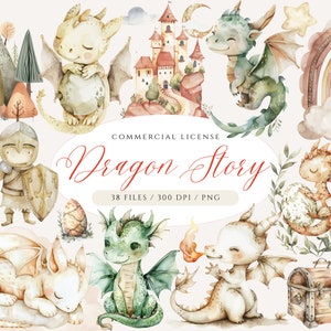 Clipart aquarelle Dragon neutre, Dragon mignon PNG, lot de cliparts Dragon petit royaume château, Clipart conte de fées, Art de chambre de bébé Dragon
