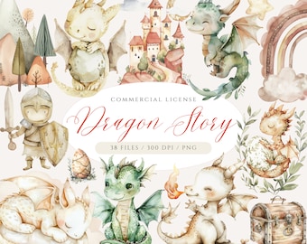 Clipart aquarelle Dragon neutre, Dragon mignon PNG, lot de cliparts Dragon petit royaume château, Clipart conte de fées, Art de chambre de bébé Dragon