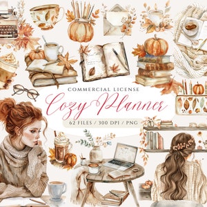 Clipart de planejador aconchegante, pacote de clipart de outono aconchegante em aquarela, clipart de outono de leitor ávido, PNG de diário, amante de livros, planejador boho, outono boho