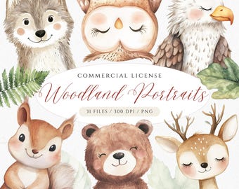 Watercolor Woodland Animals Clipart, Forest Nursery Decor, Commercial License Woodland Portrairs