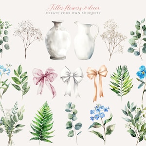 May include: Watercolor illustrations of various filler flowers and greenery, including eucalyptus, baby's breath, ferns, forget-me-nots, and sprigs of leaves.  There are also two watercolor illustrations of vases, one a pitcher and one a vase with a round body.  The text "Filler flowers & decor" and "Create your own bouquets" is written in cursive at the top of the image.