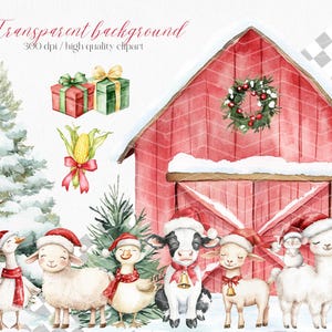 May include: Watercolor illustration of a Christmas barn scene with festive farm animals wearing Santa hats and scarves. Presents, corn, and a wreath adorn the red barn. Text reads "Transparent background 300 dpi / high quality clipart."
