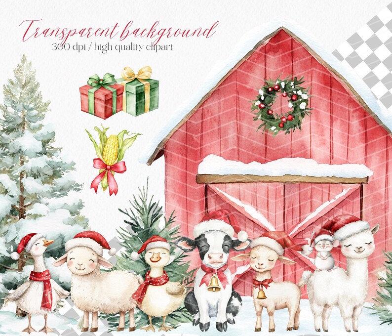 May include: Watercolor illustration of a Christmas barn scene with festive farm animals wearing Santa hats and scarves. Presents, corn, and a wreath adorn the red barn. Text reads "Transparent background 300 dpi / high quality clipart."