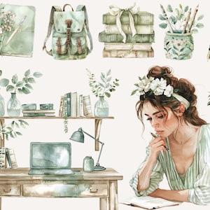K&ouml;nnte beinhalten: Eine Aquarell-Illustration einer Frau, die an einem Schreibtisch mit Laptop, B&uuml;chern und Pflanzen in ein Tagebuch schreibt. Die Frau tr&auml;gt ein gr&uuml;n-wei&szlig; gestreiftes Hemd und ein Blumenband. Der Schreibtisch ist aus Holz und hat eine Schublade. Der Laptop ist ge&ouml;ffnet und hat einen leeren Bildschirm. Die B&uuml;cher sind &uuml;bereinander gestapelt und mit gr&uuml;nem Stoff bezogen. Die Pflanzen stehen in Glasvasen und sind gr&uuml;n. Das Tagebuch ist ge&ouml;ffnet und hat eine leere Seite.