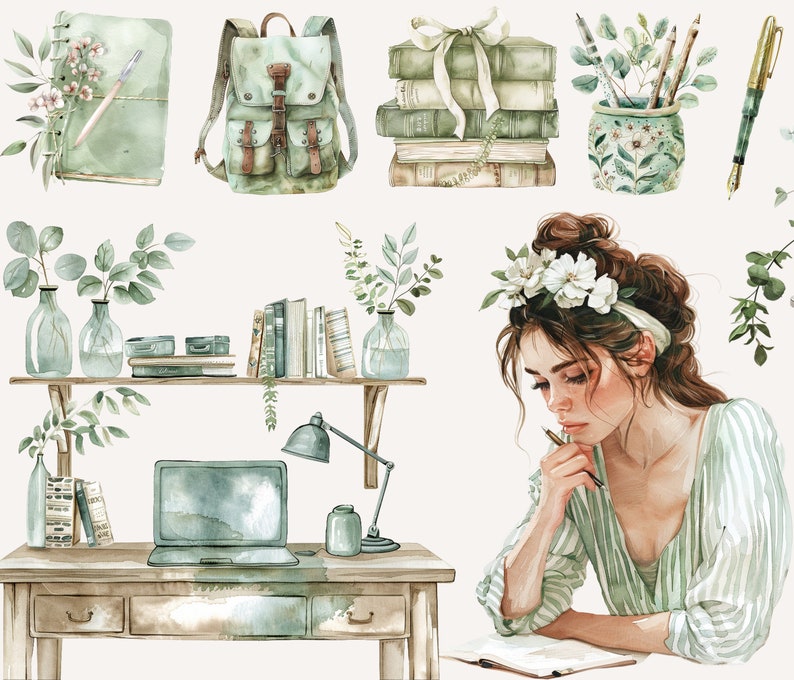K&ouml;nnte beinhalten: Eine Aquarell-Illustration einer Frau, die an einem Schreibtisch mit Laptop, B&uuml;chern und Pflanzen in ein Tagebuch schreibt. Die Frau tr&auml;gt ein gr&uuml;n-wei&szlig; gestreiftes Hemd und ein Blumenband. Der Schreibtisch ist aus Holz und hat eine Schublade. Der Laptop ist ge&ouml;ffnet und hat einen leeren Bildschirm. Die B&uuml;cher sind &uuml;bereinander gestapelt und mit gr&uuml;nem Stoff bezogen. Die Pflanzen stehen in Glasvasen und sind gr&uuml;n. Das Tagebuch ist ge&ouml;ffnet und hat eine leere Seite.