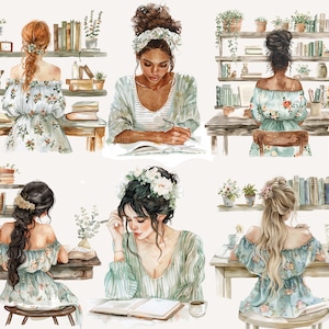K&ouml;nnte beinhalten: F&uuml;nf Aquarell-Illustrationen von Frauen, die an Schreibtischen mit B&uuml;chern und Pflanzen sitzen. Jede Frau tr&auml;gt ein Blumenkleid und hat ihre Haare unterschiedlich gestylt. Die Illustrationen sind vor einem wei&szlig;en Hintergrund angeordnet.