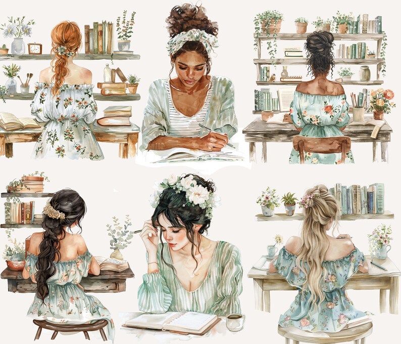 K&ouml;nnte beinhalten: F&uuml;nf Aquarell-Illustrationen von Frauen, die an Schreibtischen mit B&uuml;chern und Pflanzen sitzen. Jede Frau tr&auml;gt ein Blumenkleid und hat ihre Haare unterschiedlich gestylt. Die Illustrationen sind vor einem wei&szlig;en Hintergrund angeordnet.