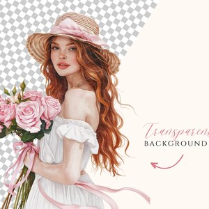 Puede incluir: Una mujer con el pelo largo y rojo lleva un sombrero de paja con una cinta rosa y un vestido blanco. Sostiene un ramo de rosas rosas con una cinta rosa.