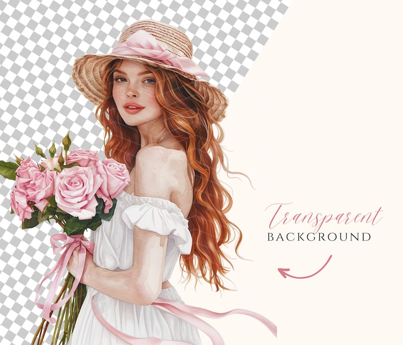 Puede incluir: Una mujer con el pelo largo y rojo lleva un sombrero de paja con una cinta rosa y un vestido blanco. Sostiene un ramo de rosas rosas con una cinta rosa.
