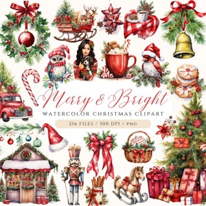 Set di clipart natalizie ad acquerello, bundle di clipart natalizie classiche, clipart natalizie rosse, PNG natalizie accoglienti, ornamenti natalizi