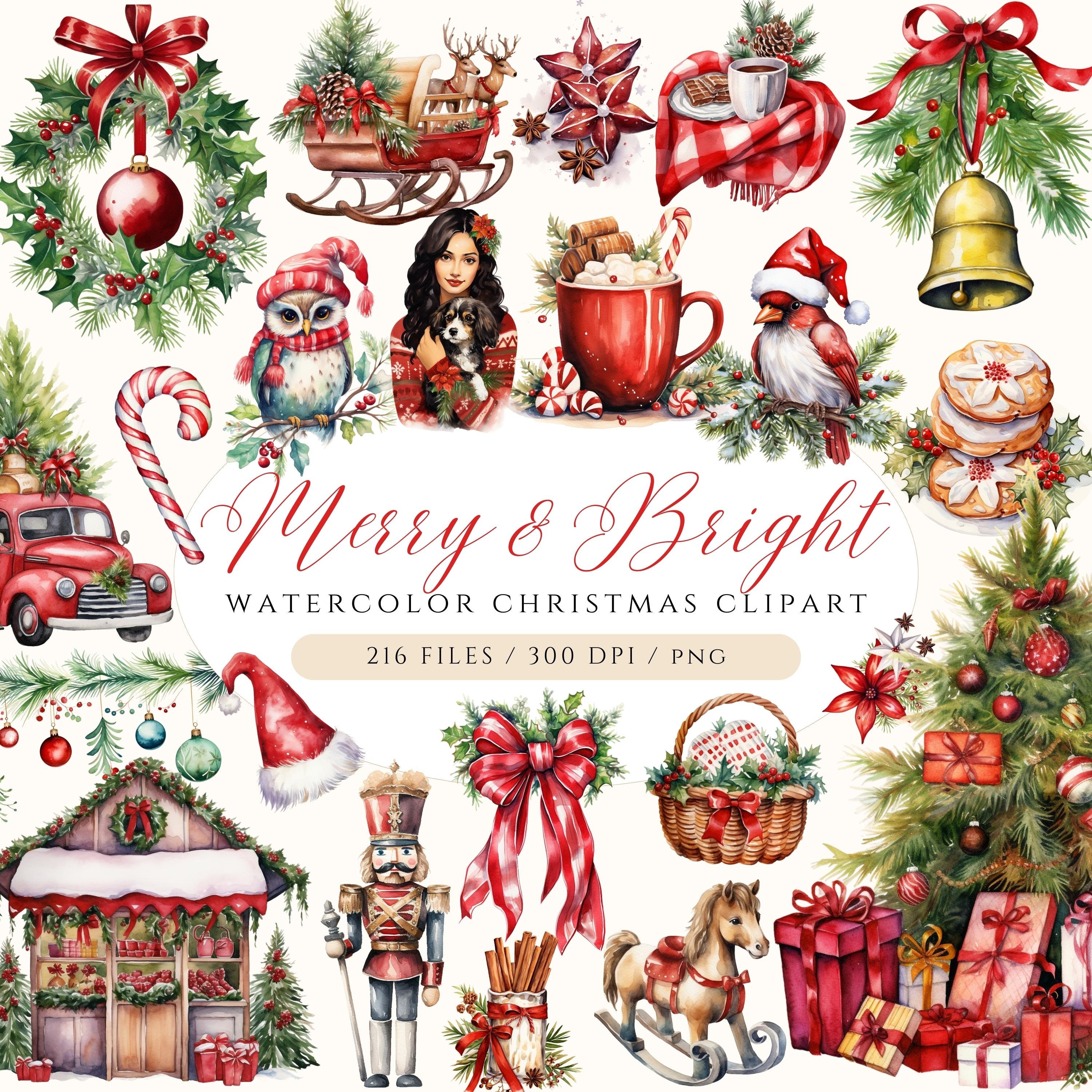 Watercolor Christmas Clipart Set, Classic Christmas Clipart Bundle, Red Christmas Clipart, Cozy Christmas PNG, Christmas Ornaments