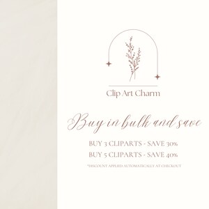 May include: A digital illustration of a floral design with a star on each side of the arch. The text "Clip Art Charm" is below the design. The text "Buy in bulk and save" is below the text "Clip Art Charm". The text "BUY 3 CLIPARTS - SAVE 30%" and "BUY 5 CLIPARTS - SAVE 40%" is below the text "Buy in bulk and save". The text "*DISCOUNT APPLIED AUTOMATICALLY AT CHECKOUT" is below the text "BUY 5 CLIPARTS - SAVE 40%".