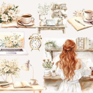 Op de afbeelding: Een aquarel-illustratie van een knus thuiskantoor met een laptop, boeken, bloemen, een klok, een lamp en een kop koffie. De illustratie toont een vrouw met lang rood haar die aan een bureau zit met een boek en een pen.