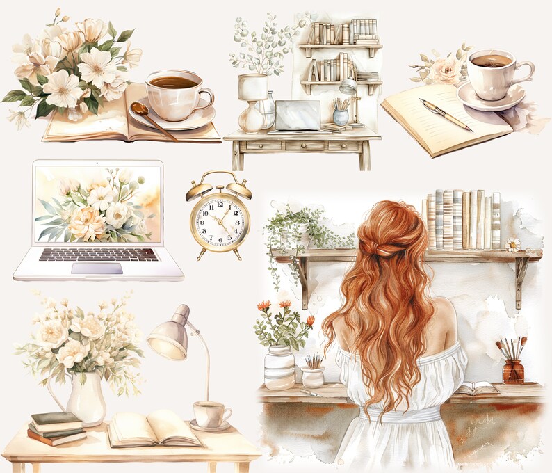 Op de afbeelding: Een aquarel-illustratie van een knus thuiskantoor met een laptop, boeken, bloemen, een klok, een lamp en een kop koffie. De illustratie toont een vrouw met lang rood haar die aan een bureau zit met een boek en een pen.