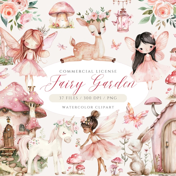 Watercolor Fairy Clipart, Pink Fairy PNG, Fairy Garden, Mushroom Clipart, Unicorn, Bunny, Deer, Floral Clipart, Magical Fairy Nusery Clipart