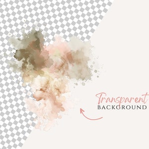 May include: Abstract watercolor background with shades of brown, beige, and pink. The background is transparent, with a checkered pattern visible behind the watercolor.