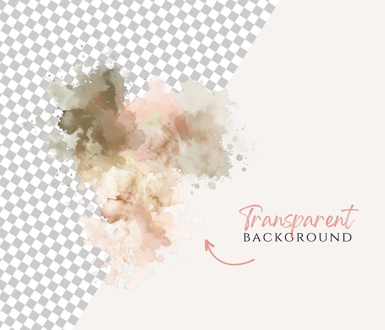 May include: Abstract watercolor background with shades of brown, beige, and pink. The background is transparent, with a checkered pattern visible behind the watercolor.