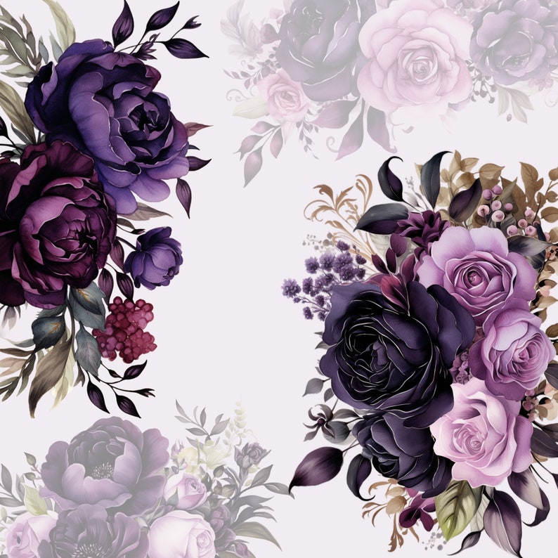 May include: A floral arrangement with purple and pink roses, and other flowers. The flowers are arranged in a bouquet with green leaves and stems.