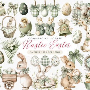 Könnte beinhalten: Aquarellillustrationen mit Ostermotiven. Das Bild zeigt Hasen, Eier, Körbe, Schleifen und Blumengestecke in sanften Pastellfarben. Der Text lautet "Rustic Easter" und "Commercial License".