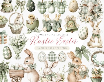 May include: Watercolor illustrations of Easter-themed items. The image features bunnies, eggs, baskets, bows, and floral arrangements in soft pastel colors. Text reads "Rustic Easter" and "Commercial License".