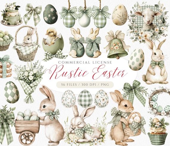 Rustic Easter Clipart Bundle, Sage Green Watercolor Easter Egg, Bunny, Wreath, Lamb, Chick PNG
