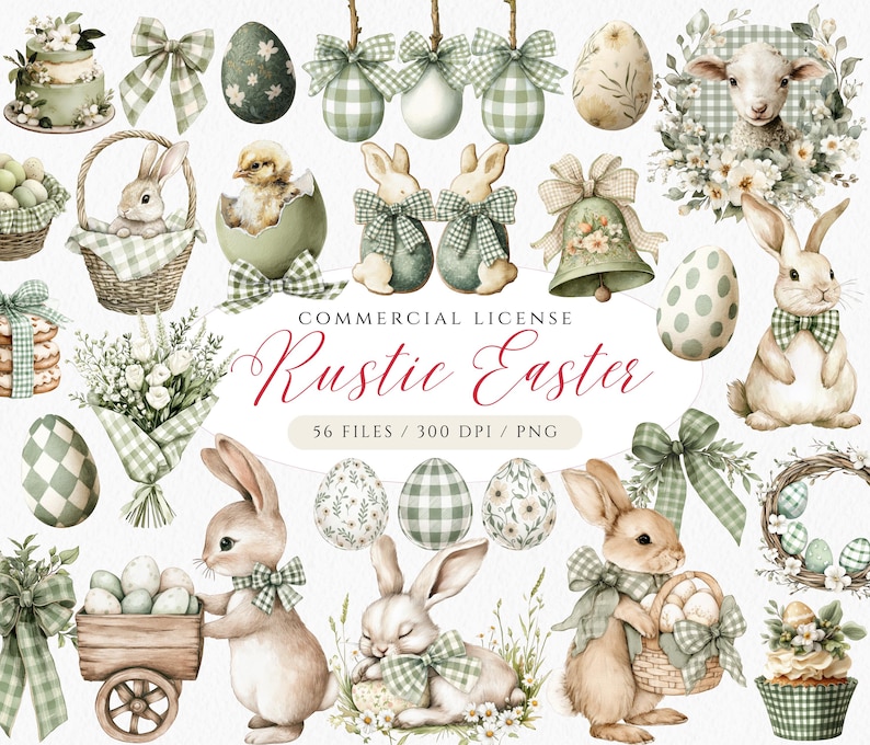 May include: Watercolor illustrations of Easter-themed items. The image features bunnies, eggs, baskets, bows, and floral arrangements in soft pastel colors. Text reads "Rustic Easter" and "Commercial License".