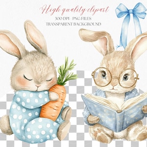 Pu&ograve; includere: Due illustrazioni ad acquerello di conigli. Un coniglio tiene una carota e l'altro indossa gli occhiali e legge un libro.
